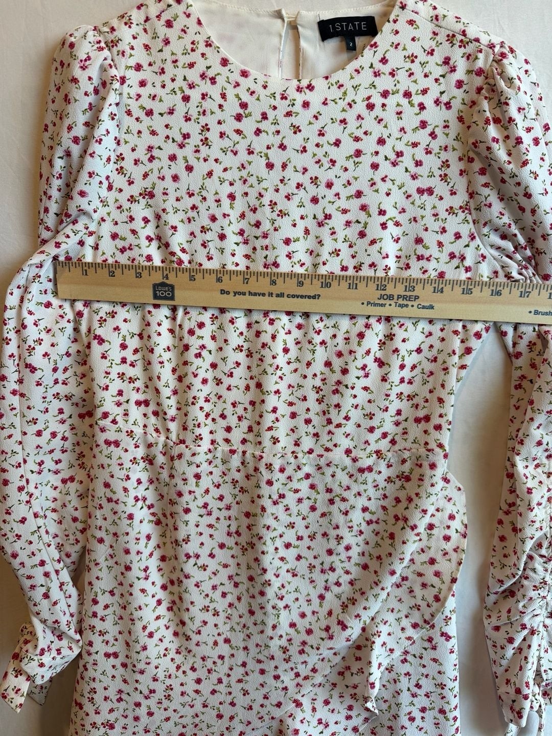 1.State Long Sleeve Floral Print Mini Dress with Ruched Sleeves and Ruffle Hem
