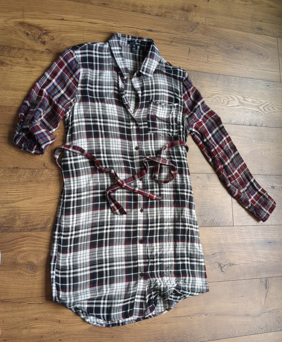 Aqua Womens Sz S Multi Plaid Collared Roll-Up Sleeve Shirt Dress