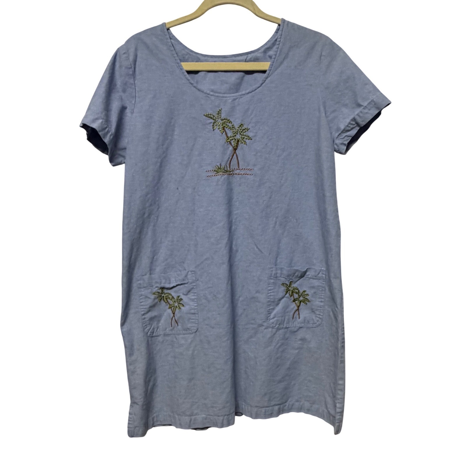 Blue Chambray Palm Tree Embroidered Shift Dress Short Sleeve No Tag