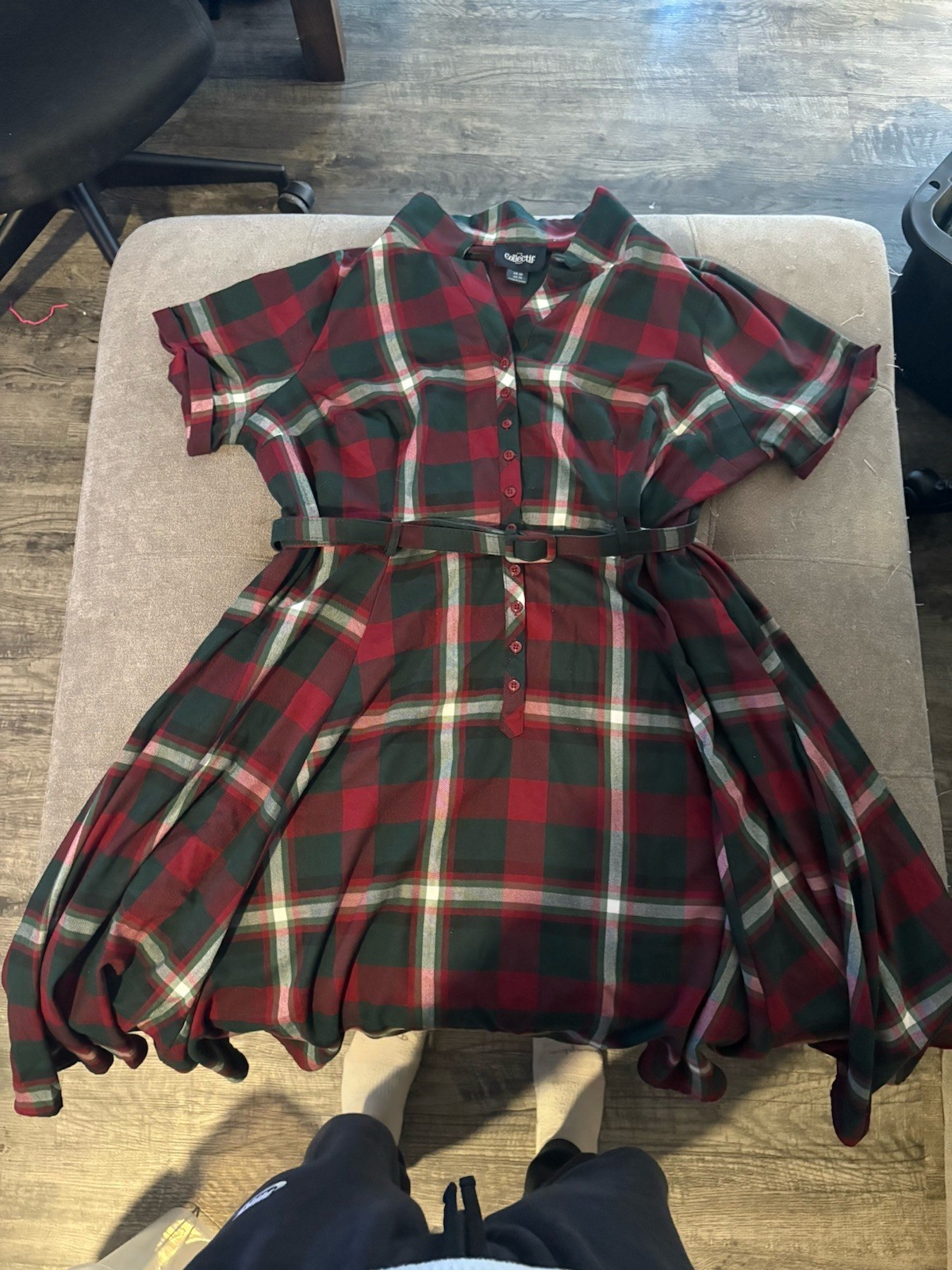Collectif London Plaid Collared Retro Dress Red/Green Belted Button Front US 26