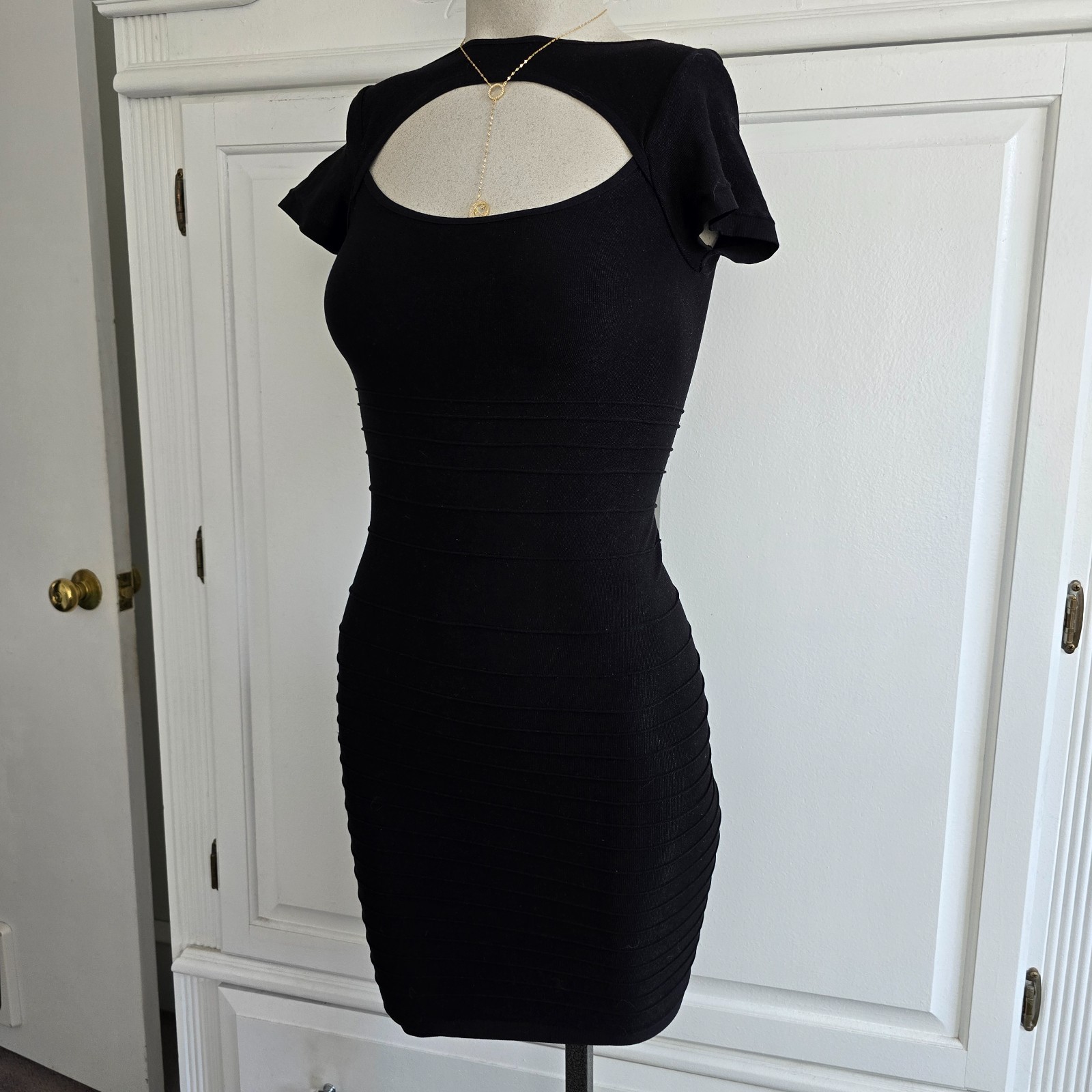 bebe black ribbed cutout mini dress, size p/s p/p