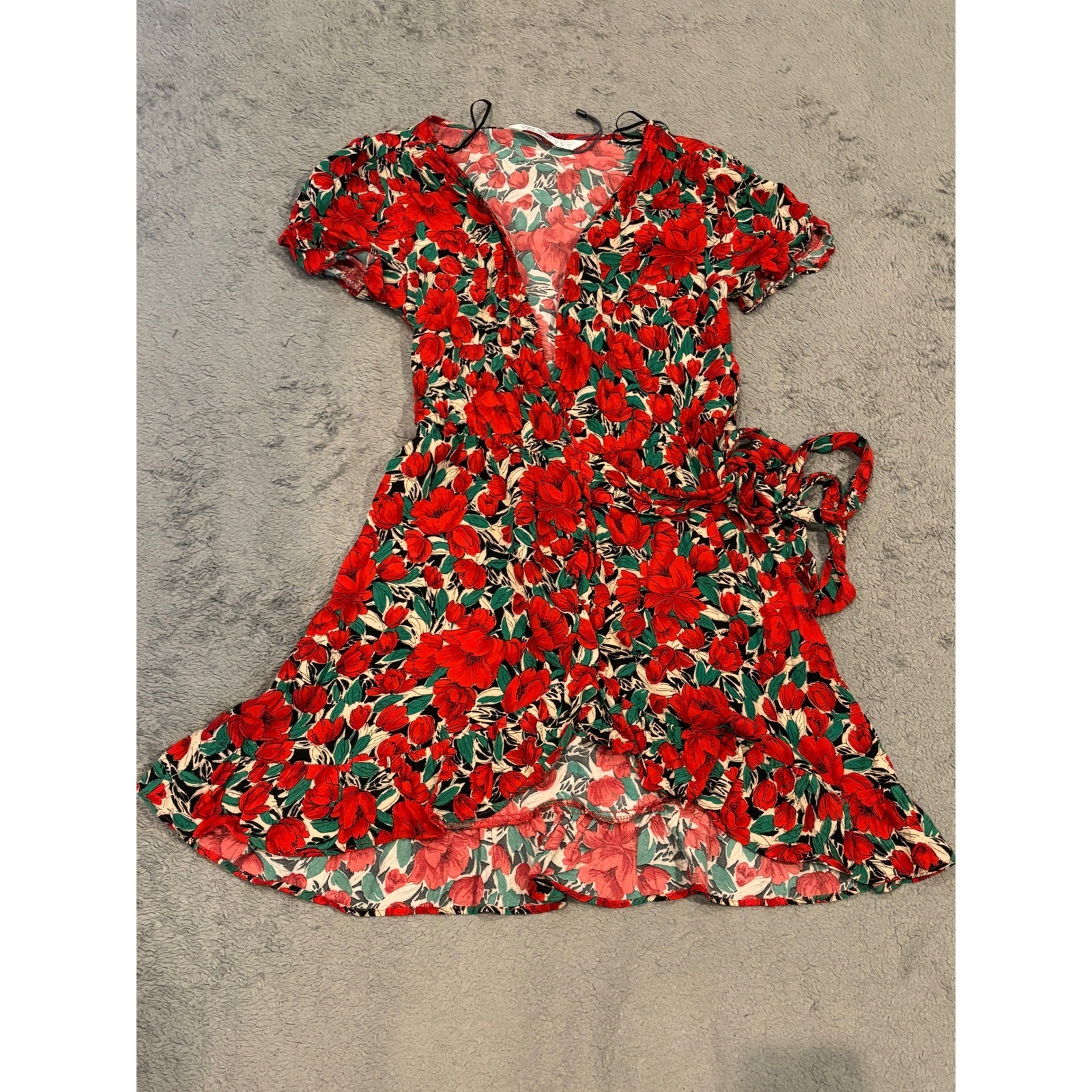 Zara Basic Z1975 Denim Red Floral Wrap Mini Dress Short Sleeve XS