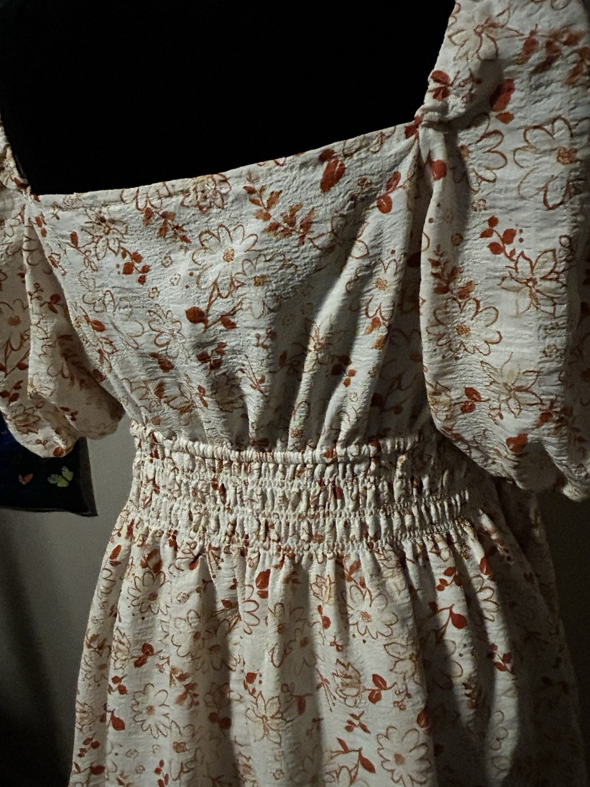 Liberty Love XL Cream Brown Floral Woven Square Neck Puff Sleeve Smocked Mini