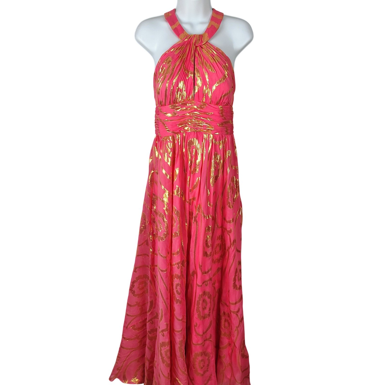 Aidan Mattox Pink Gold Metallic Silk Halter Gown Dress Womens 10 Formal luxury