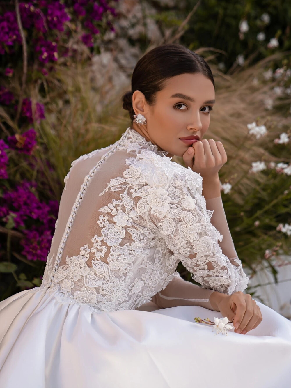 Elegant High Neck Long Sleeve Evening Dresses A-Line 3D Floral Party Gowns