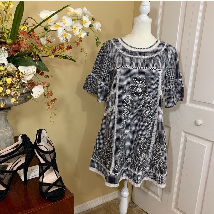 Free People Sunny Day Gingham Embroidered Floral Babydoll Dress XS Cottagecore
