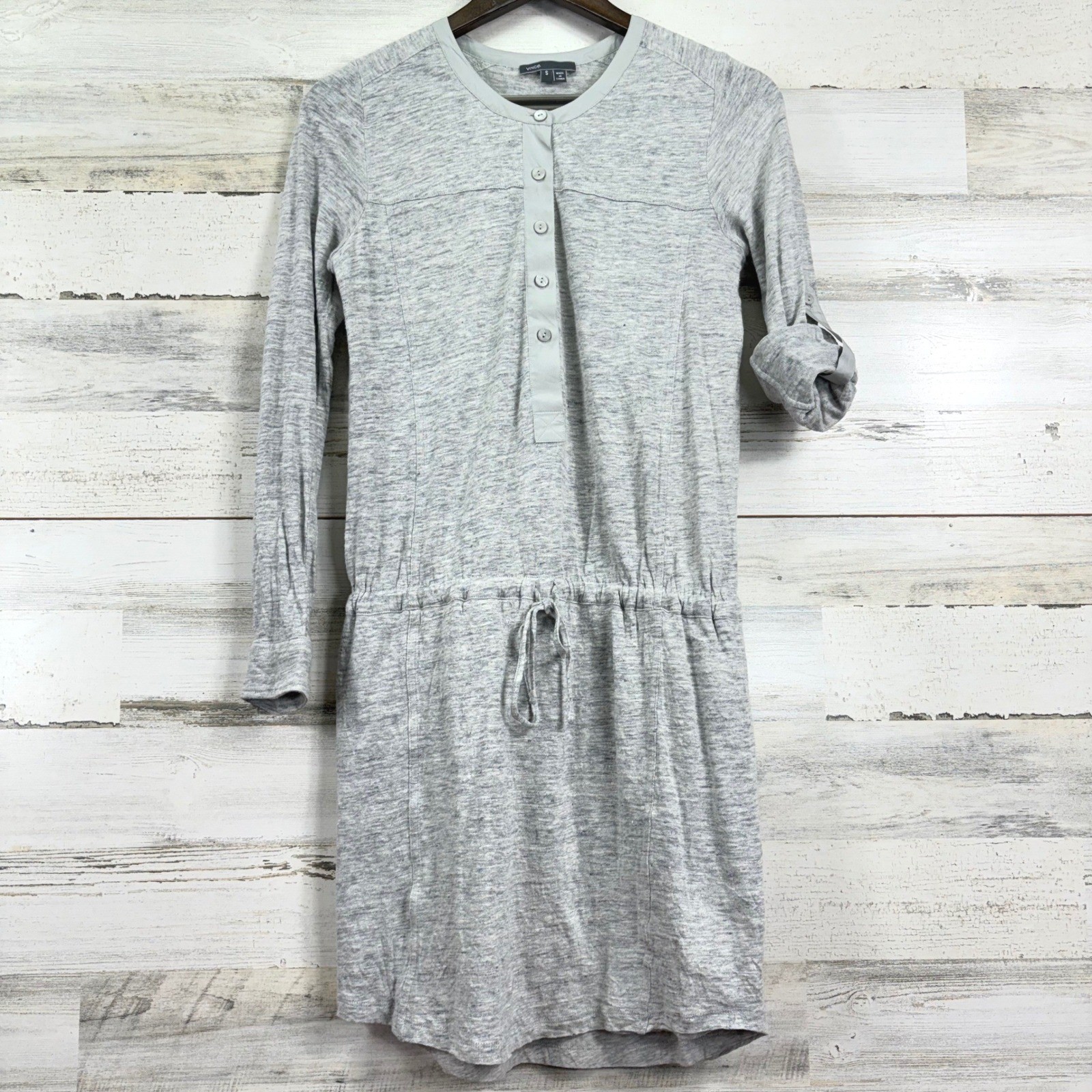 Vince Linen Silk Blend Henley Drawstring Waist Shirt Dress Size S Gray Heathered