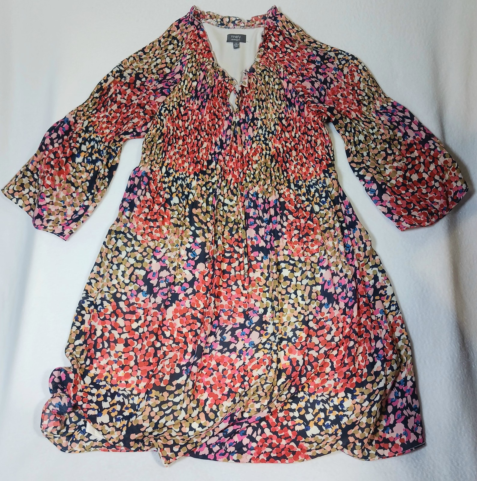 Ninety Clothing Co Dress Women’s M Smocked Tie Neck Multi-Color Floral Bohemian