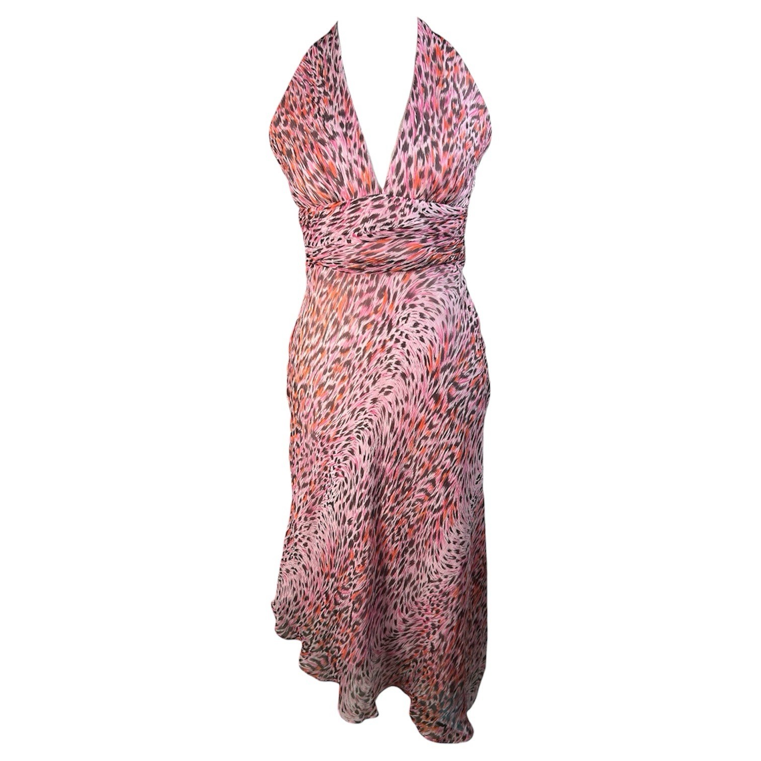 Y2K BCBGeneration Silk Leopard Midi Halter Dress Asymmetrical Hem Women’s Sz 2