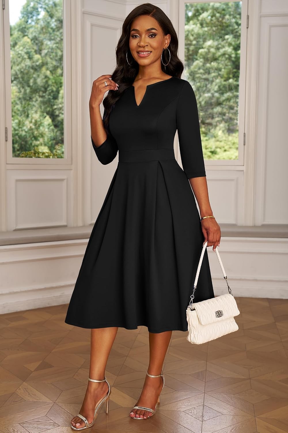 Midi Dresses for Women, Semi Formal Fit and Flare 3/4 Sleeve V Neck Work Dress