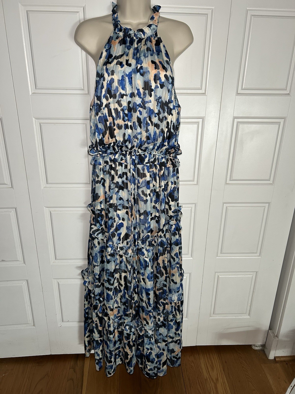 Blue Metallic Pleated Halter Maxi Dress Elliatt Iridescence Wedding Guest M NWT