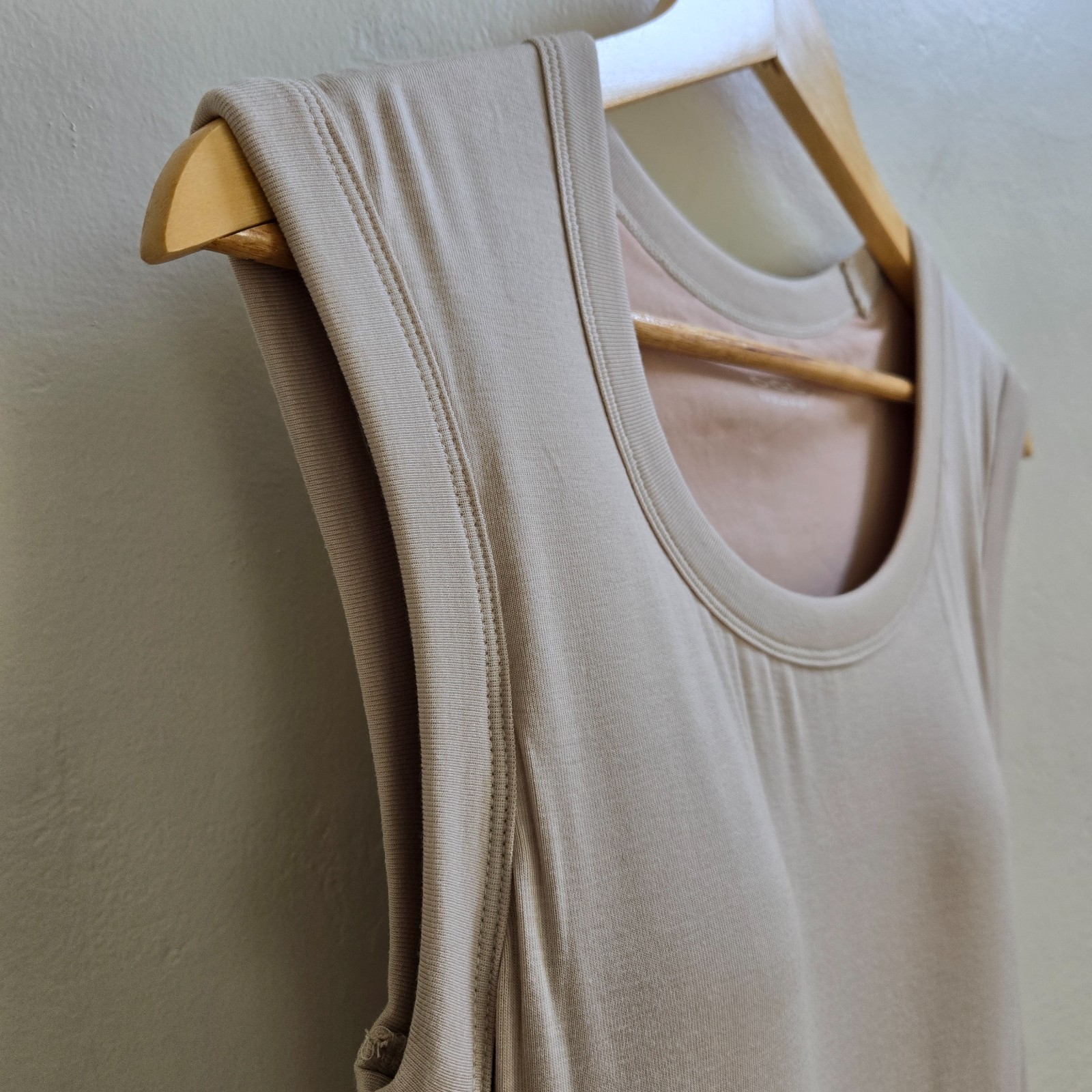 NWT OGL Ruched Sleeveless Maxi Dress Beige Size M Padded Bust Lined Sustainable