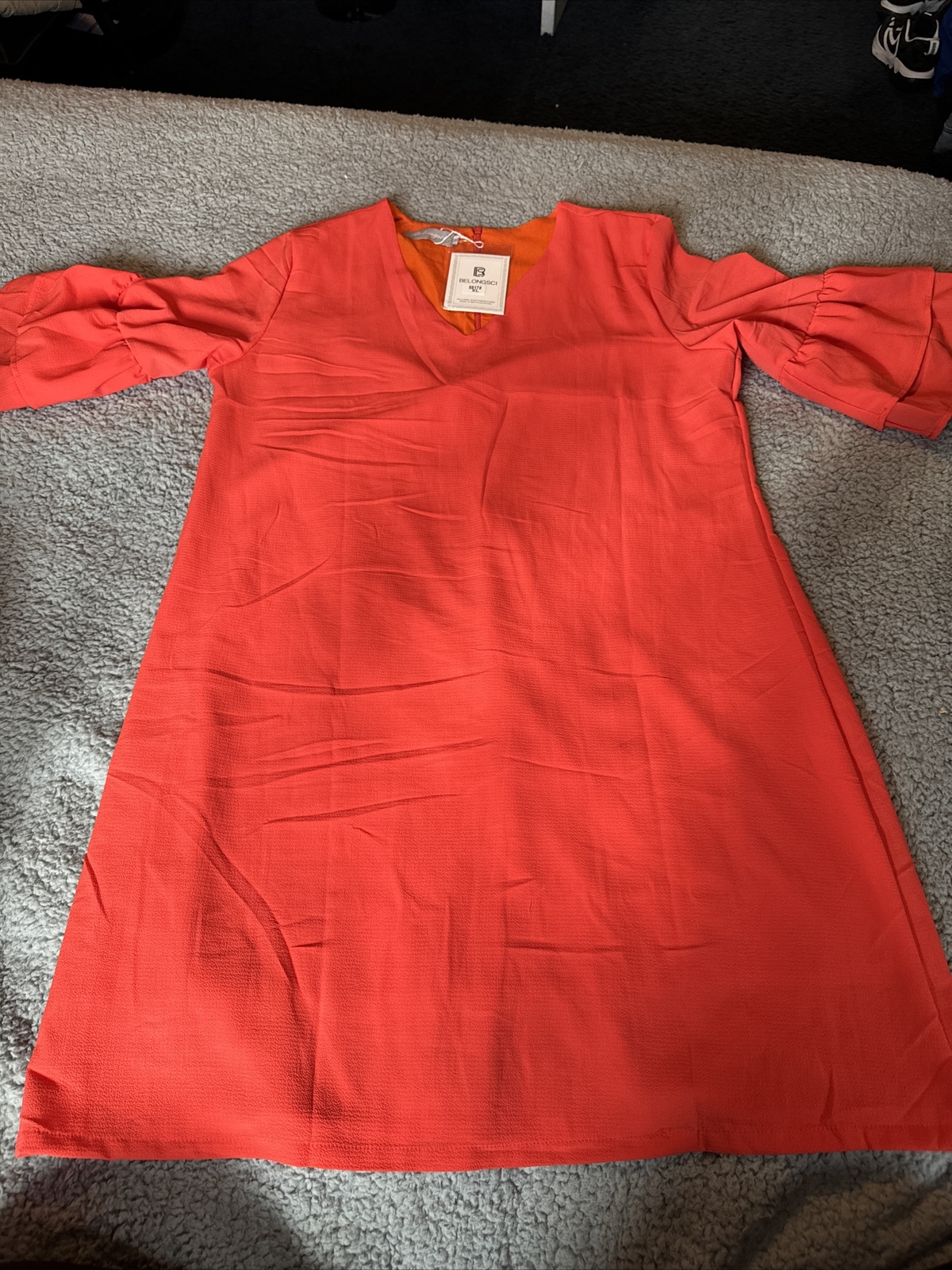 V-Neck Orange Bell Sleeve Shift Dress Mini Dress Sz XL By Belongsci