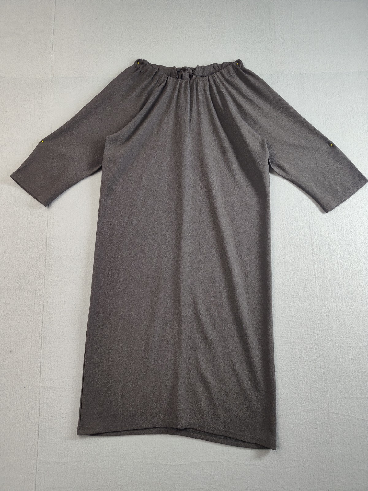 Kmw Women Midi Dress M Gray Scoop Neck Raglan Sleeve Pleated Tie Back Pullover