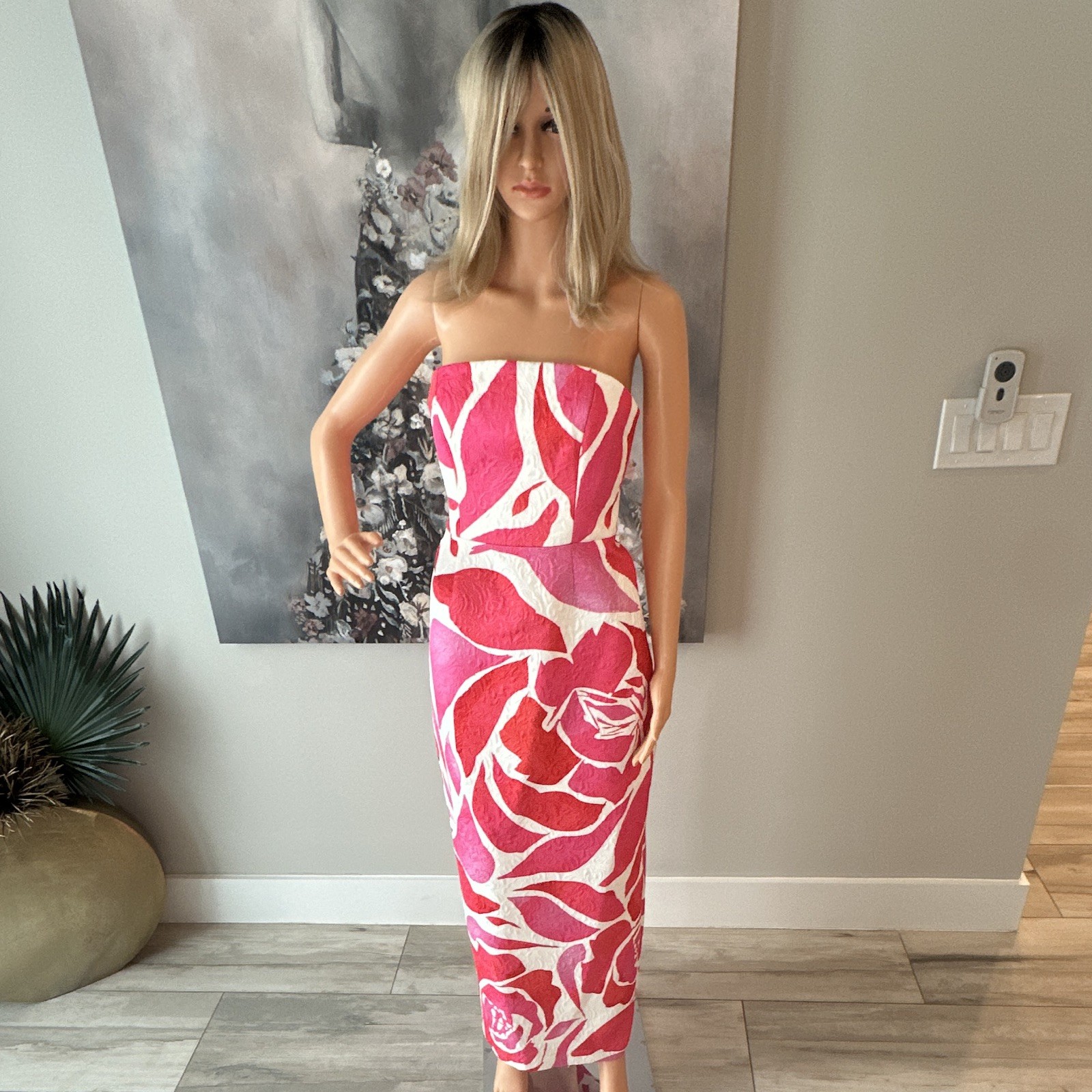 MILLY Pink White Red Floral Jacquard Strapless Sheath Midi Dress 8