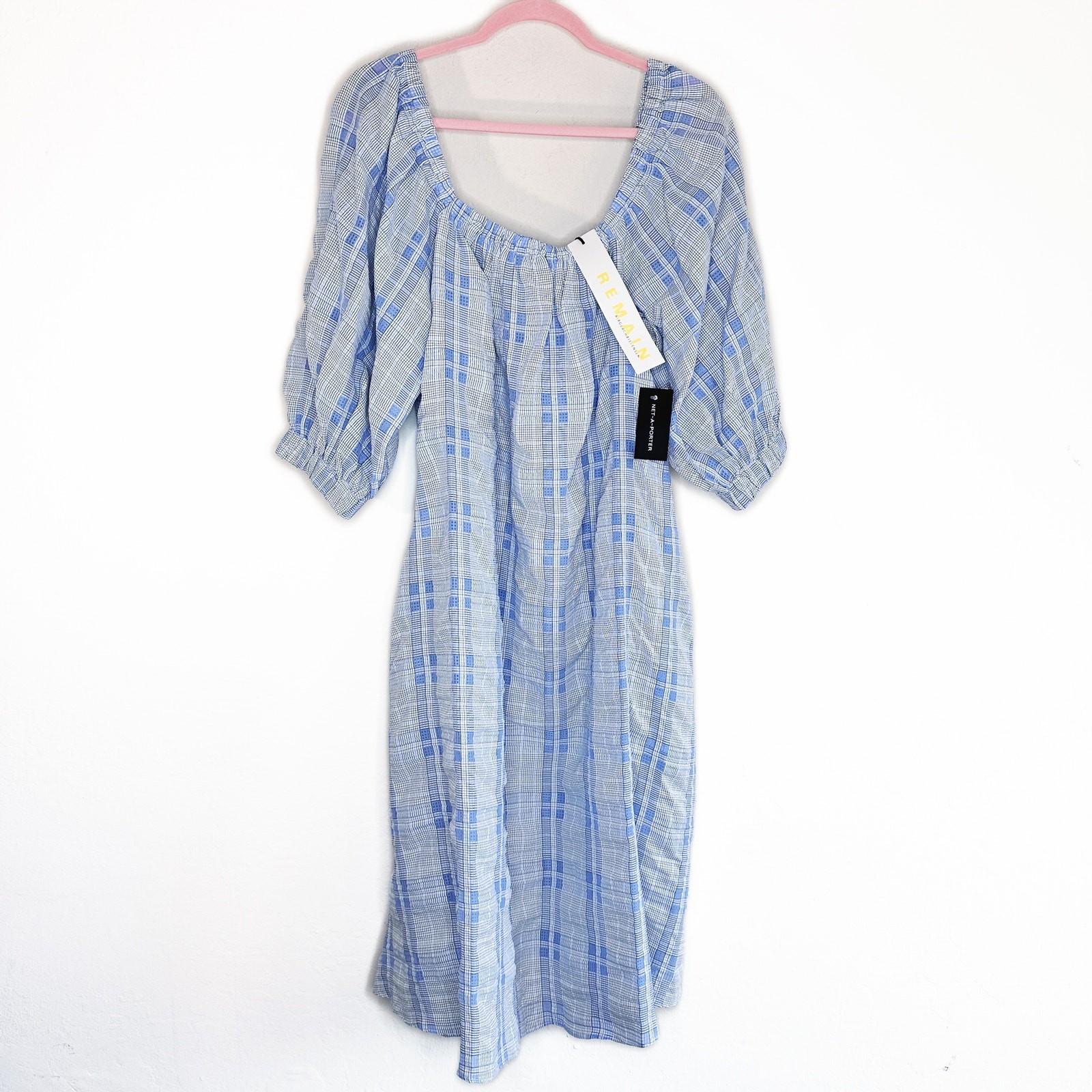 NWT Remain Birger Christensen Lea Brunnera Blue Plaid Off Shoulder Midi Dress 6