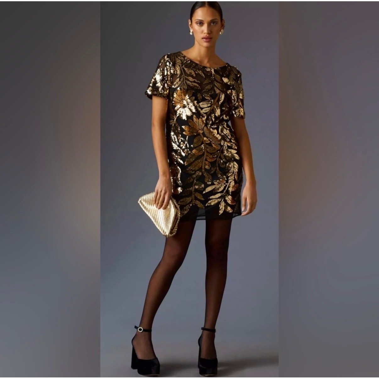 Maeve Anthropologie Gold Sequin Floral Sheer Mini Dress Black 4130370060209