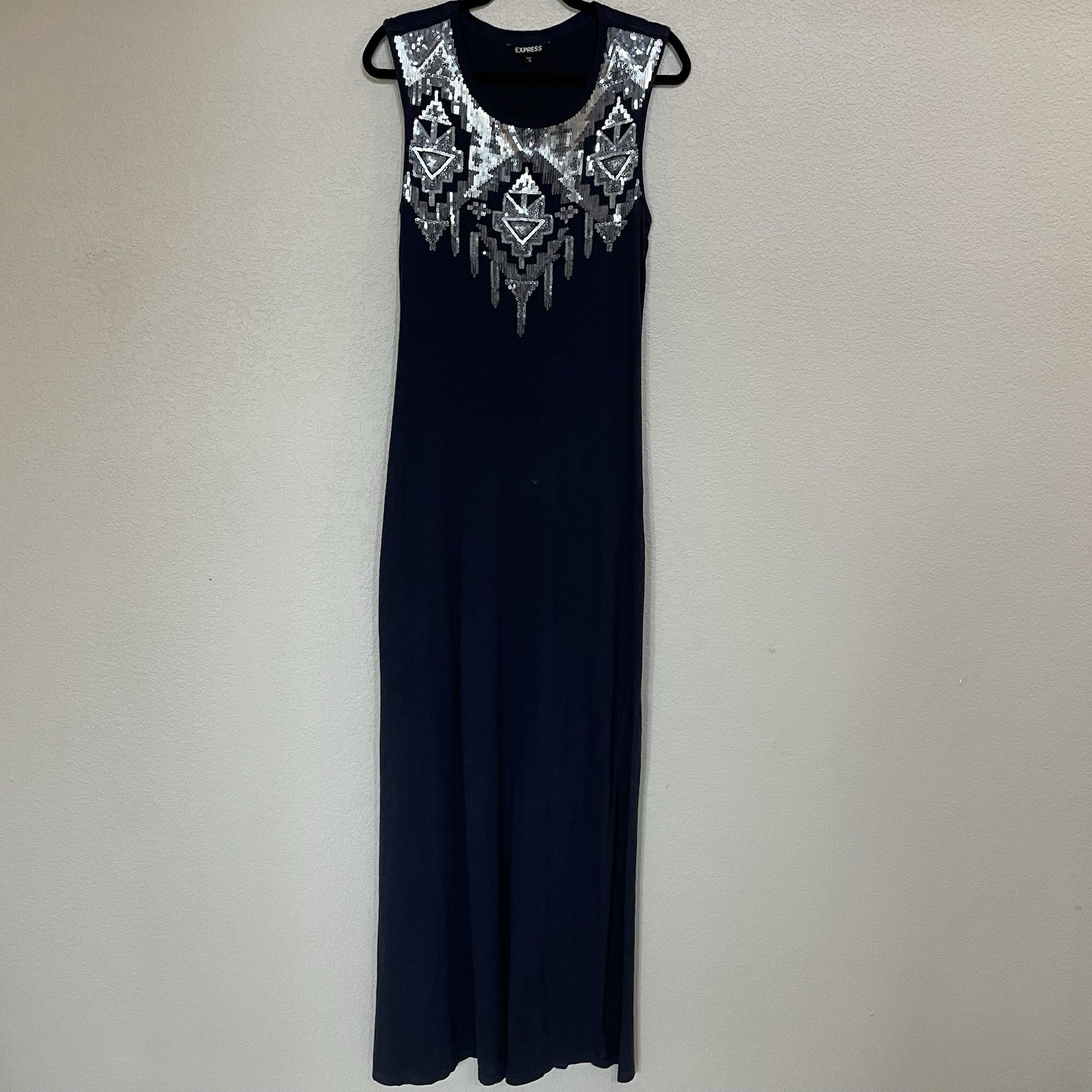 Express Women’s Navy/Silver Sequin Geometric Maxi Dress Scoop Neck Sleeveless M