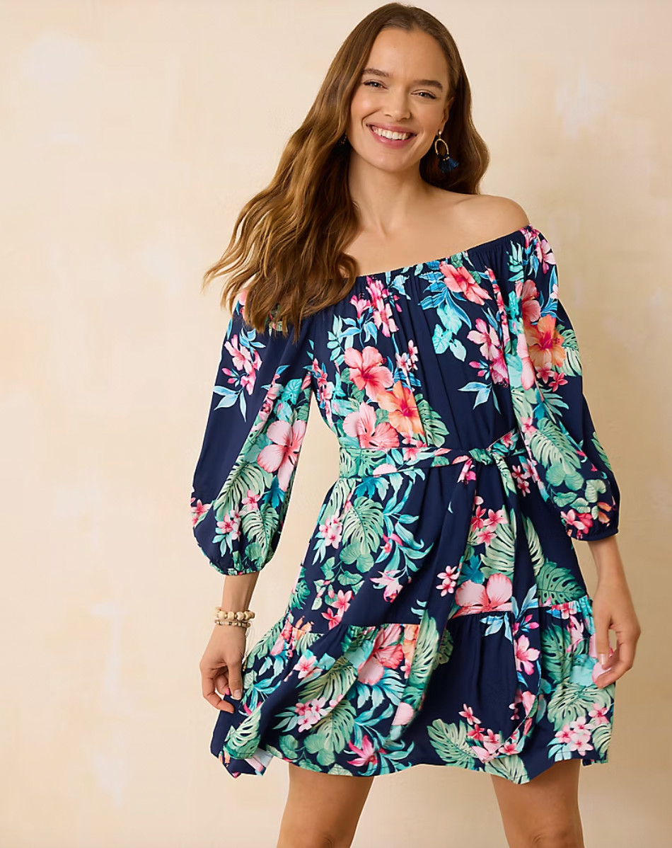 NWT Tommy Bahama Blue Floral Flora Cover Up Dress Women’s Size L/G Flouncy Belt
