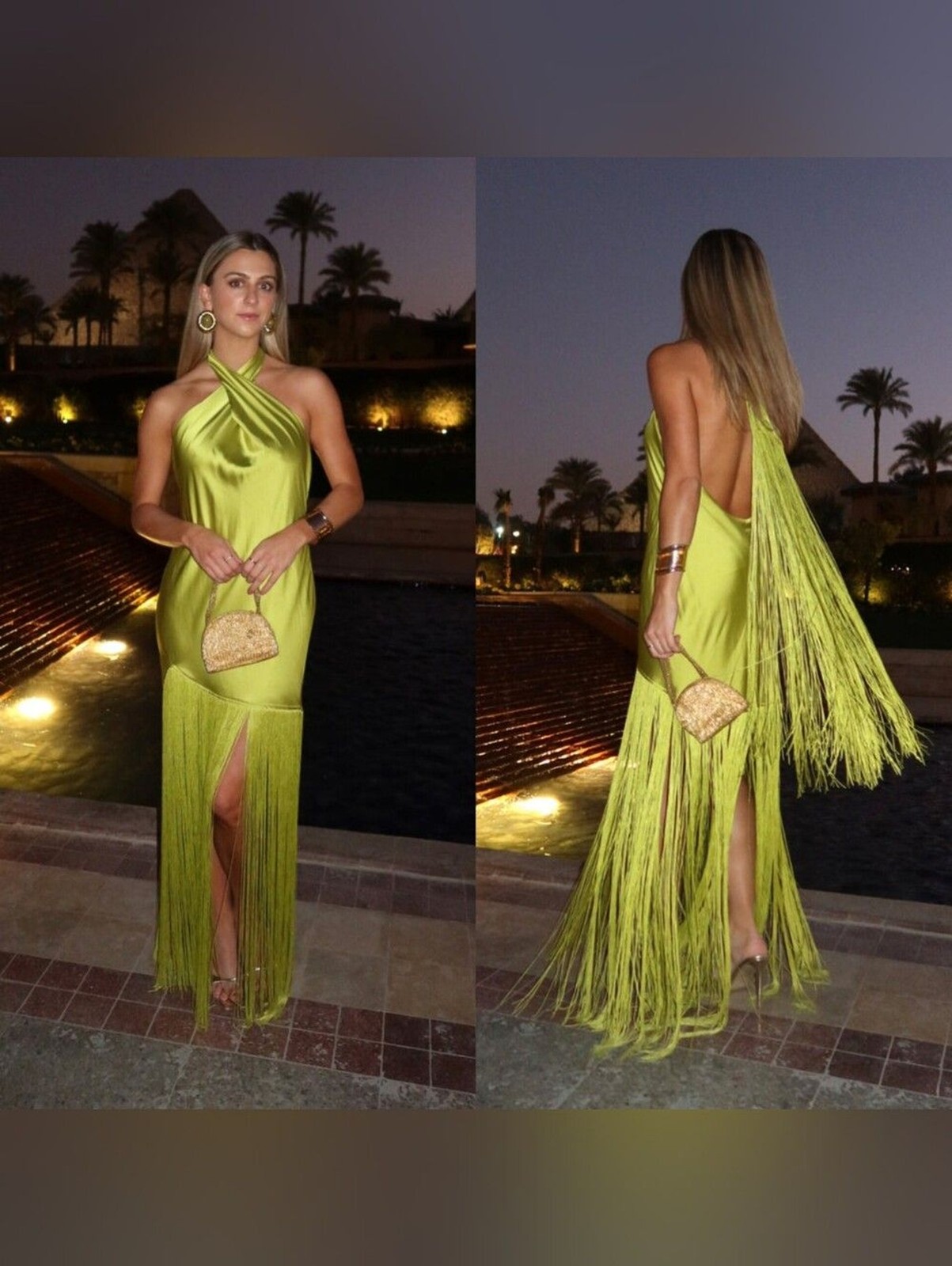 Show Me Your MuMu Jasmine Fringe Chartreuse Luxe Satin Maxi Dress XL Wedding