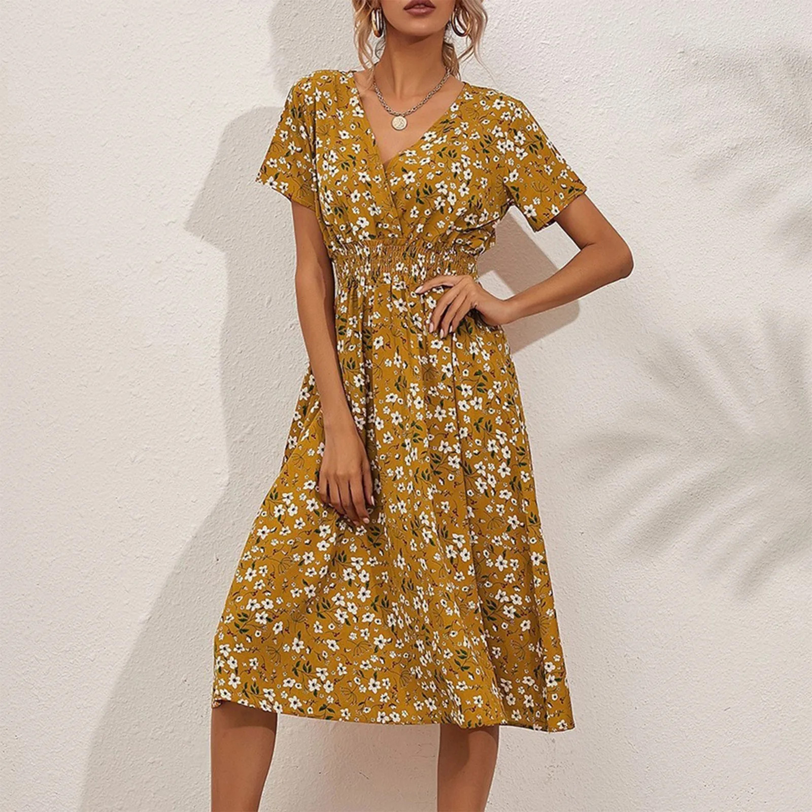 High Quality Luxury Design Dress Elegant Waist Cinching V-neck Printed