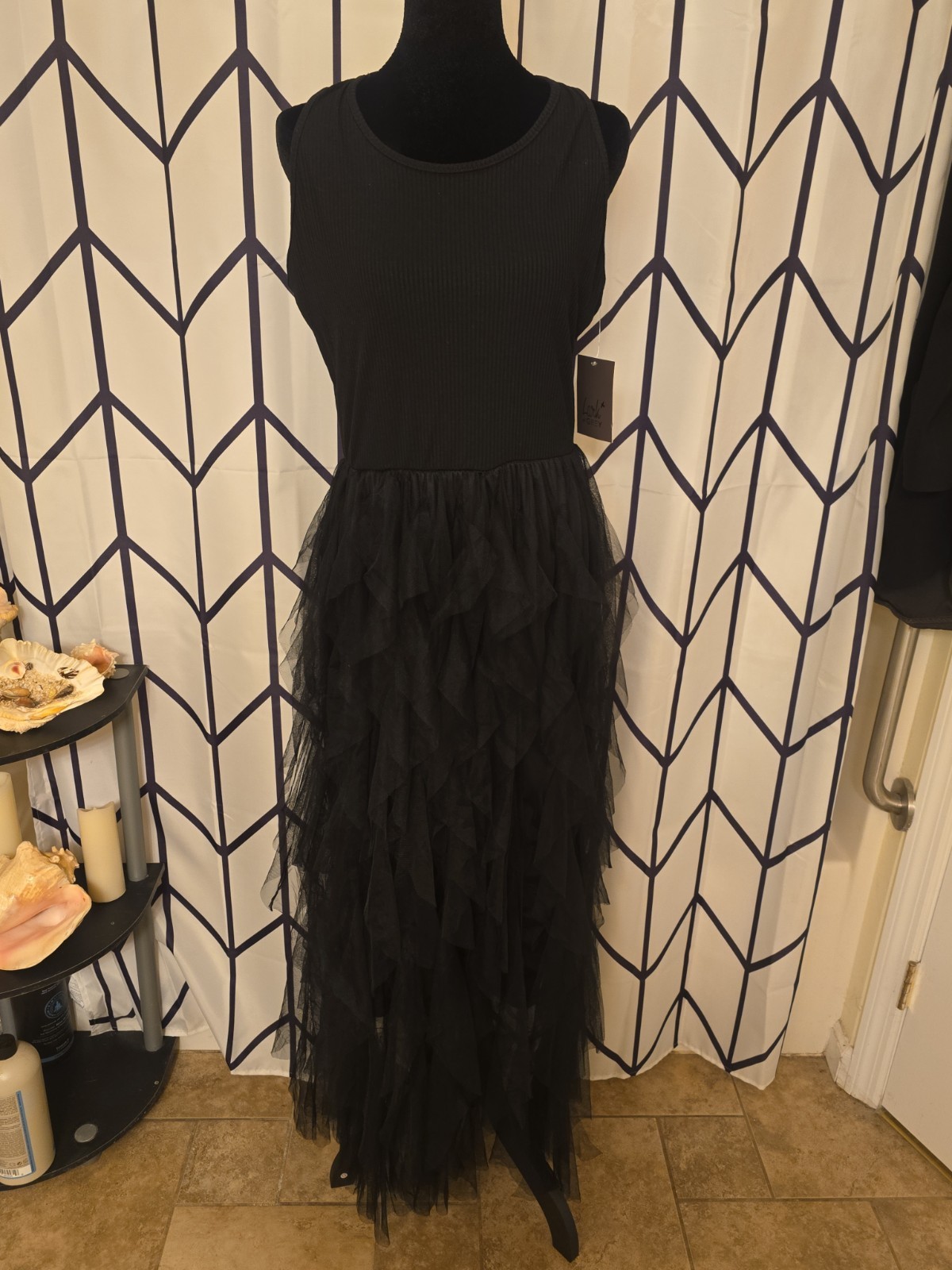 Lark + Grey Black Tiered Tulle Maxi Dress XL Sleeveless Ribbed Bodice NWT