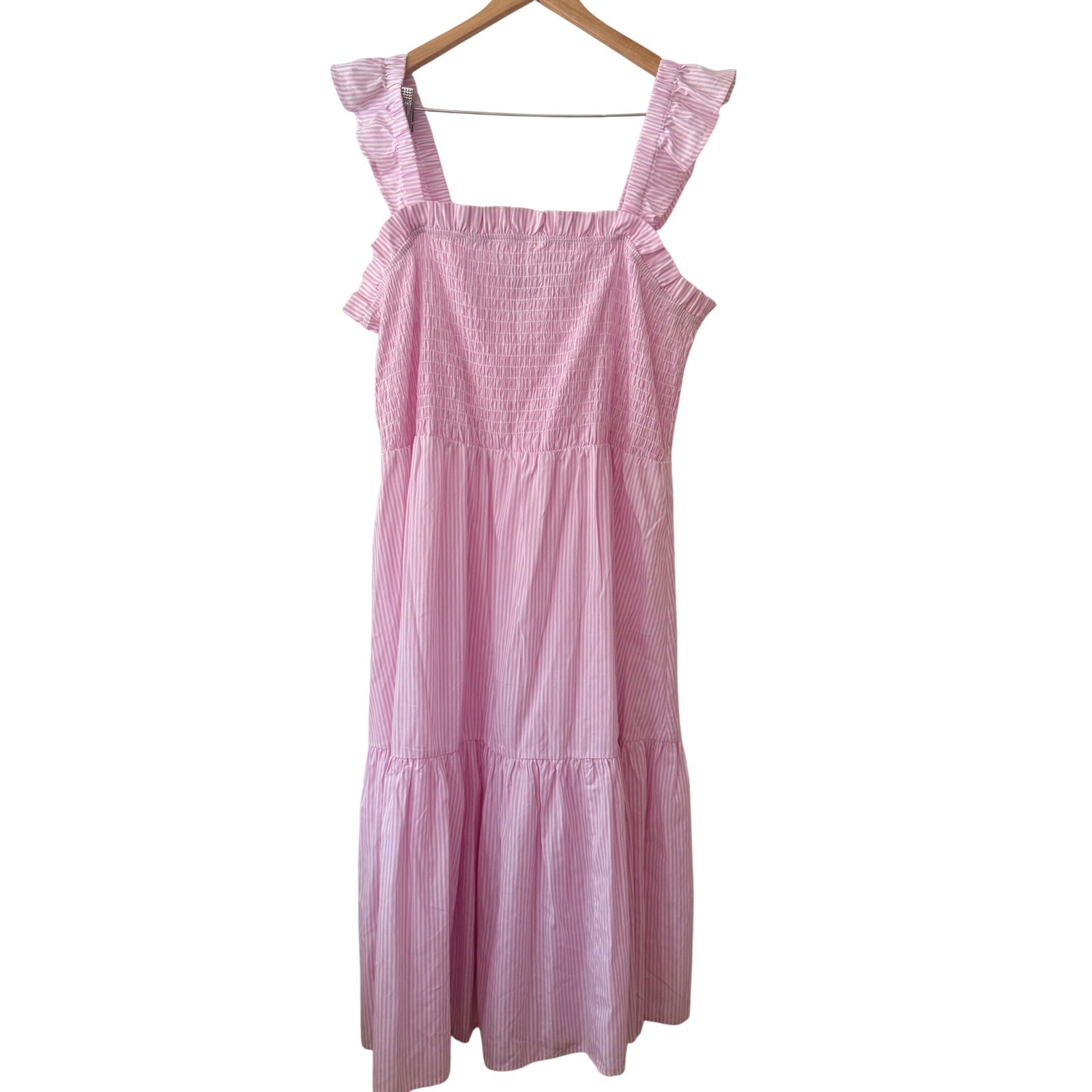 Eloquii Pink White Striped Smocked Midi Dress Plus 22/24 Cotton Ruffle Beach