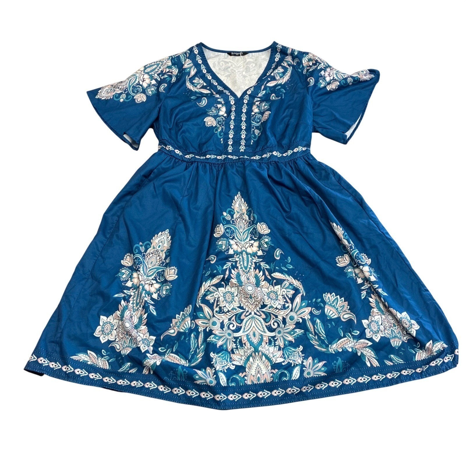 BloomChic Blue Floral Boho Dress NWoT 12 V Neck Flutter Sleeve Empire Boho Chic