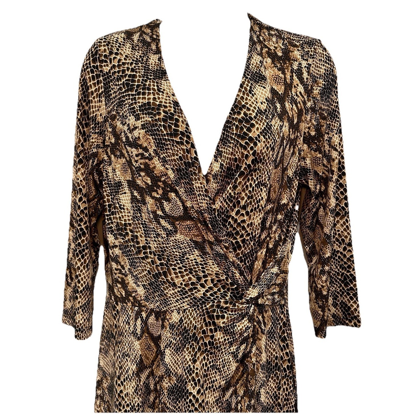 Ronni Nicole Midi Dress Womens 10 Black Taupe Animal Print Stretch Pull Over NWT