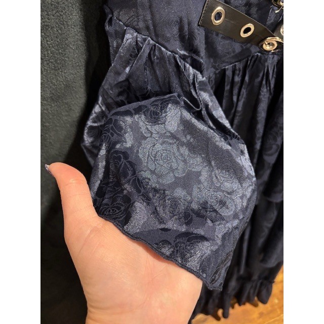Gothic Navy Blue Floral Jacquard Tiered Ruffle Midi Dress Buckle Detail 0XL