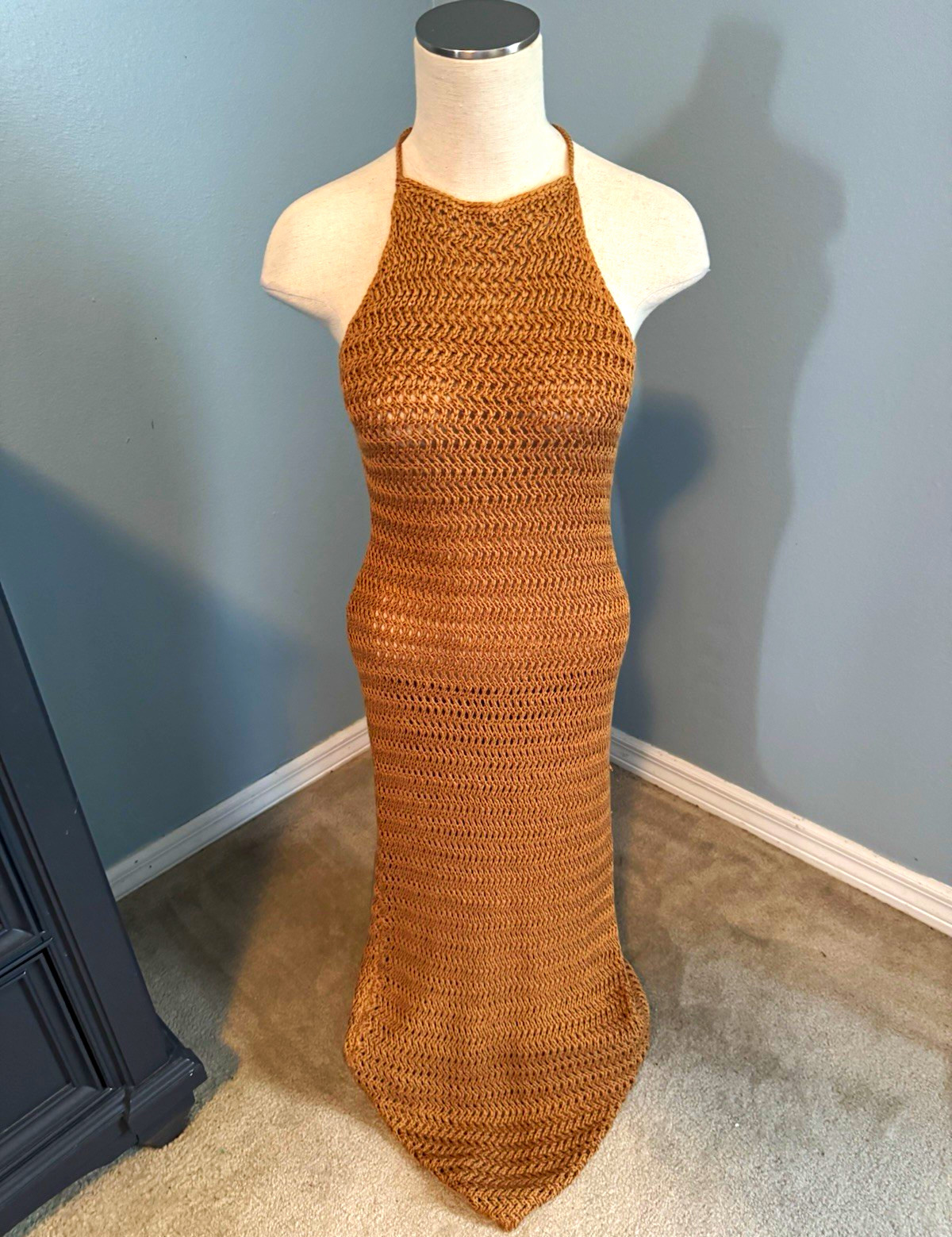 SHEIN Brown Crochet Halter Maxi Dress Open Back Tie Sleeveless Size L