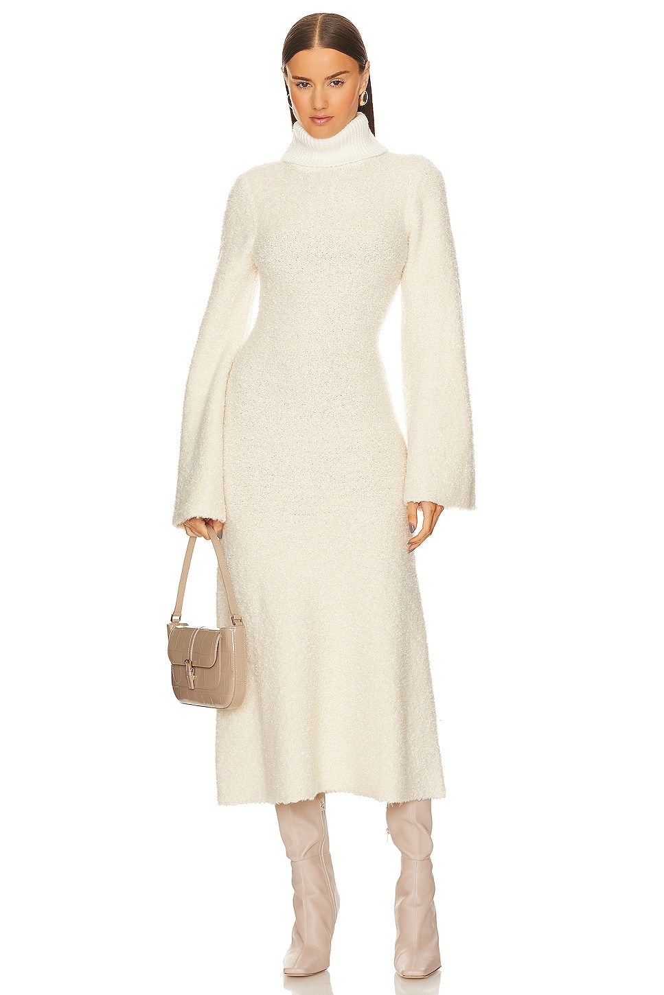 GRLFRND Size XS Ivory Maeko Boucle Thick Knit Midi Sweater Dress Bell Sleeve