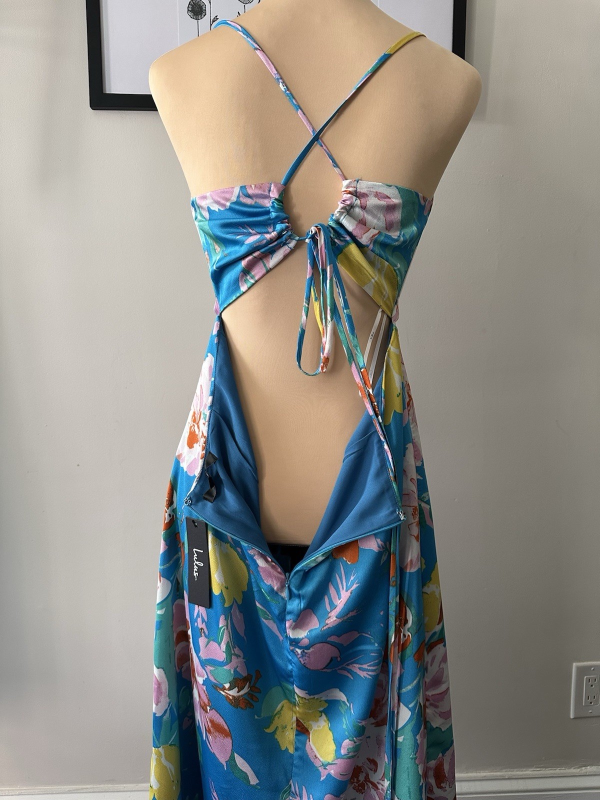 Lulus Blue Floral Satin Cowl Neck Backless Tie Strap Midi Dress XL