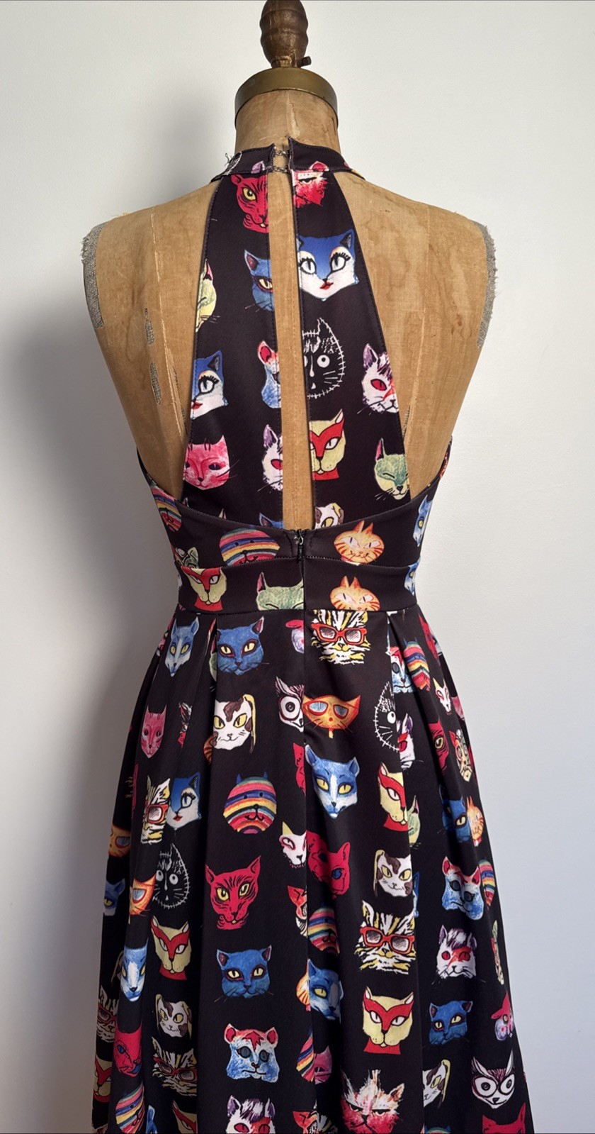 High Neck All Over Cat Print Rainbow Halter Midi Dress Stretch Jersey Cute! S