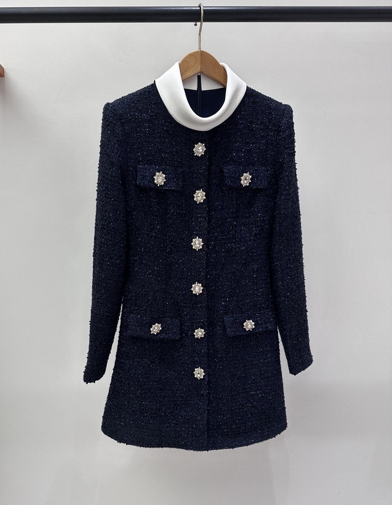 Self Portrait Dark blue tweed sequined stand-up collar Dresses