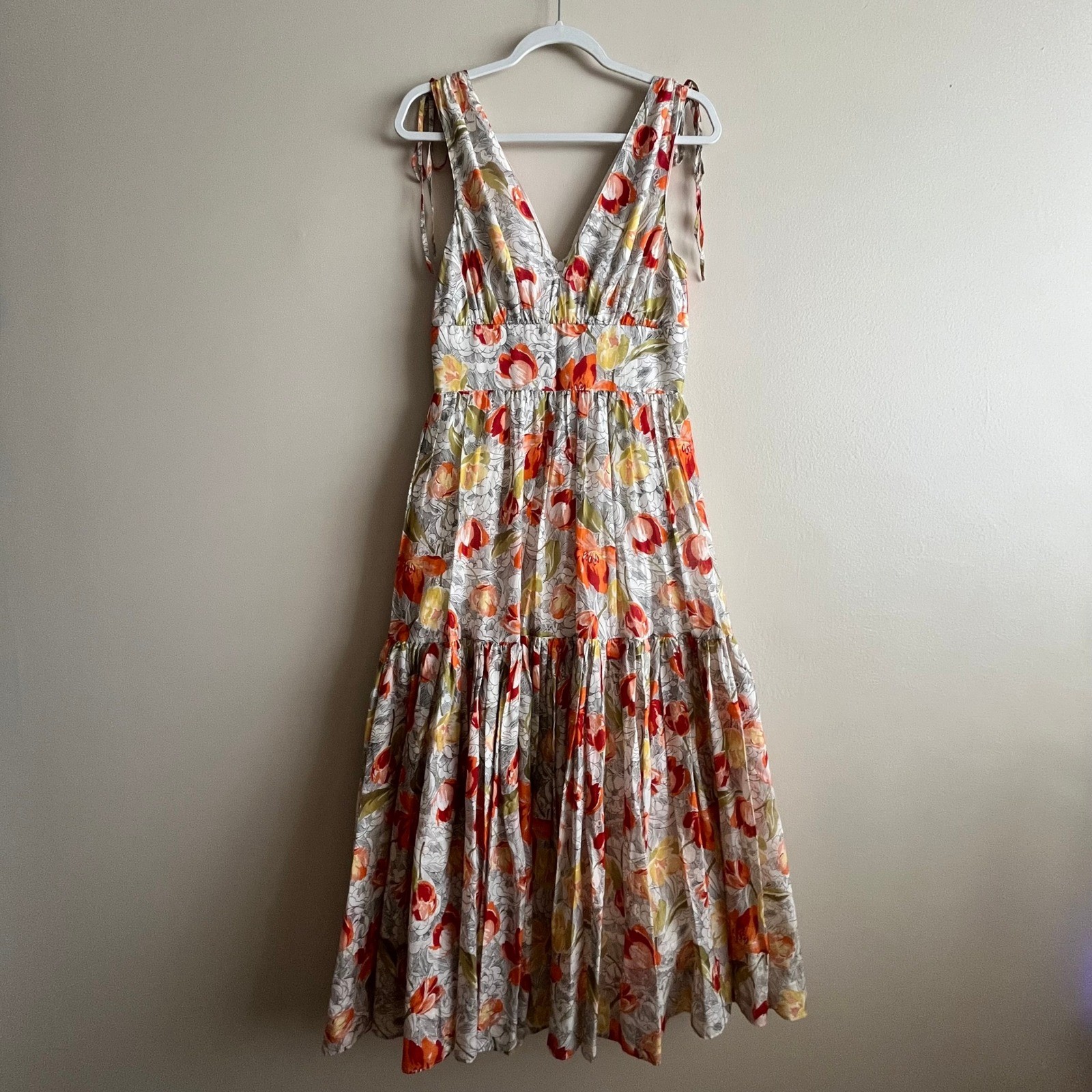 Cinq à Sept floral tiered midi dress 4 cotton silk smocked waist shoulder tie