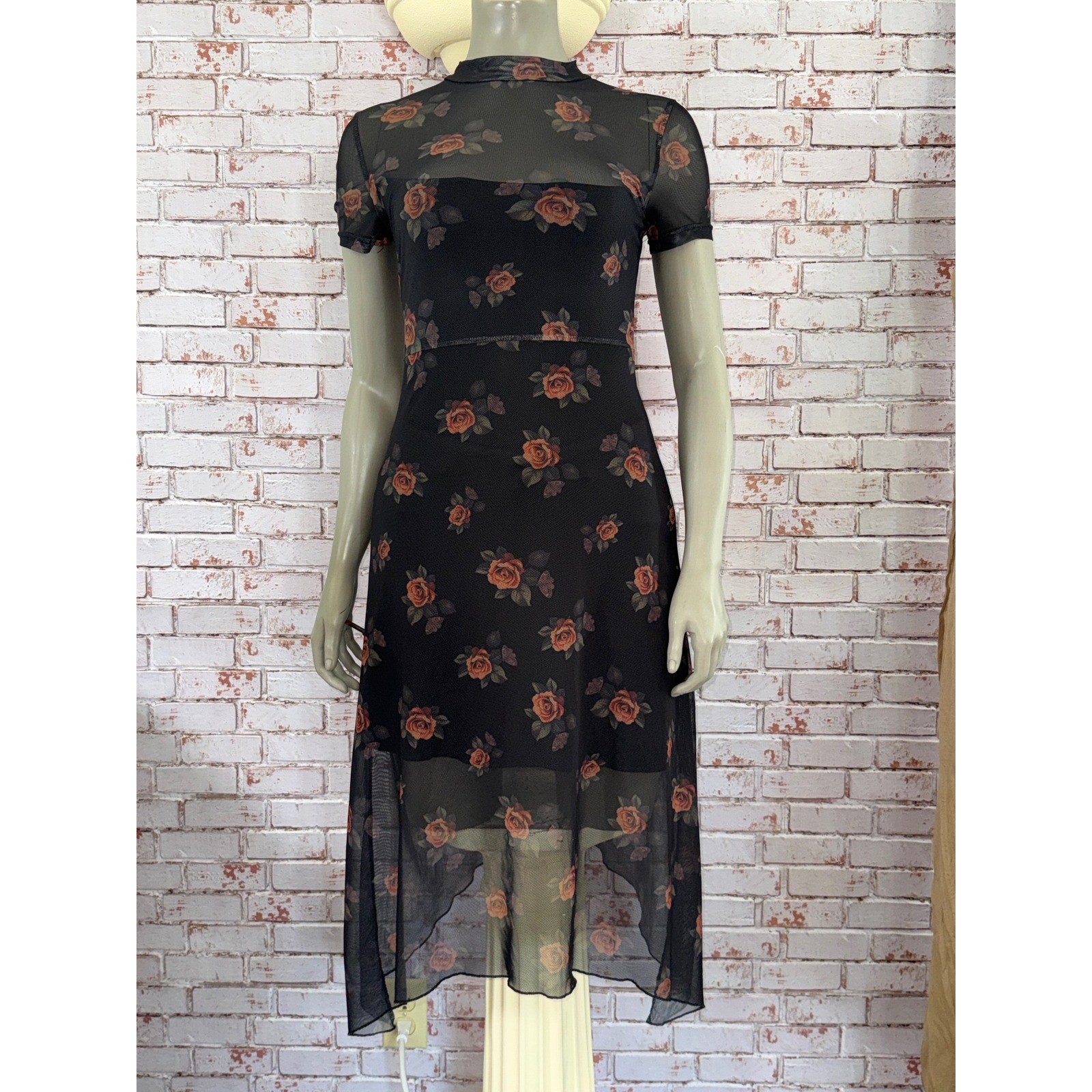 Black Rust Rose Floral Mesh Mock Neck Handkerchief Hem Dress M Dark Academia