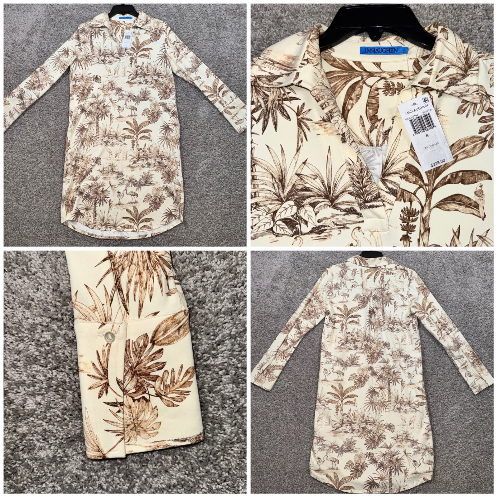 J. McLaughlin Charlee Dress Women Tropical Palm Stretch Off-White Brown S NEW