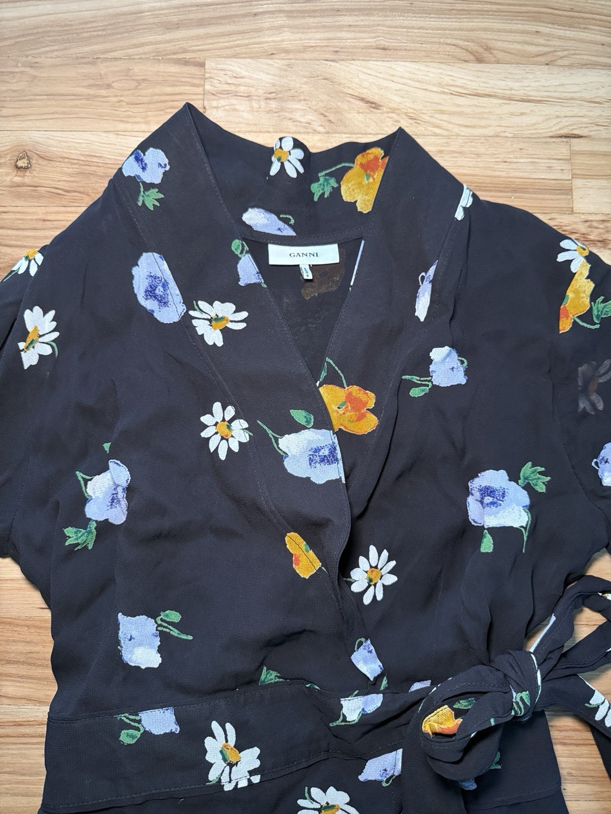GANNI Dainty Georgette Floral Wrap Dress – Black Floral, EU 38