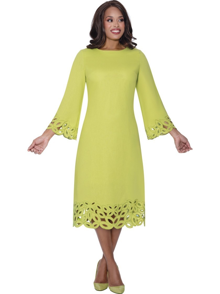 Women Lime Green Sheath Midi Dress Laser Cut Trim 3/4 Sleeve Formal Party