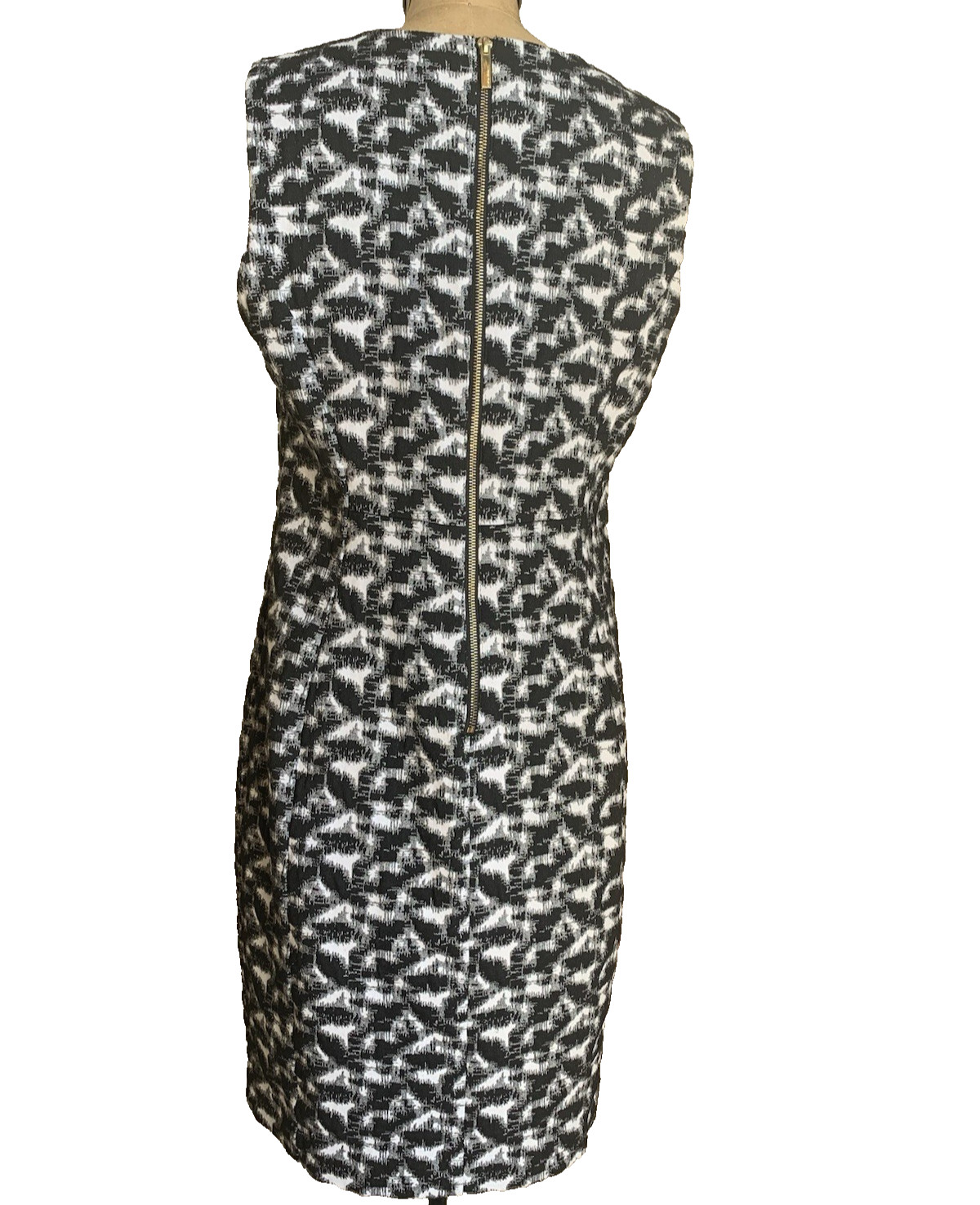 Calvin Klein Size 14 Black White Abstract Jacquard Sheath Dress Gold Zipper