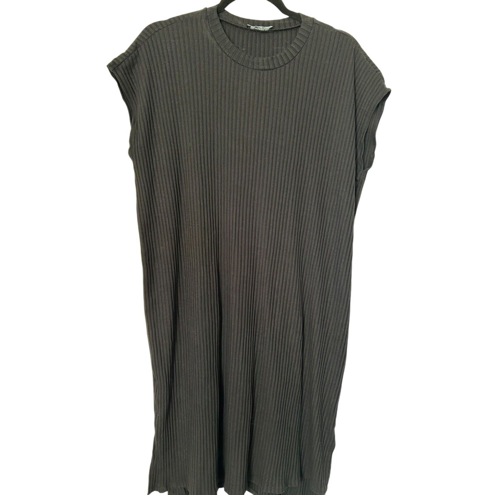 Eileen Fisher Dress Black Cap Sleeve Pullover Stretch Ribbed Oversized Shift