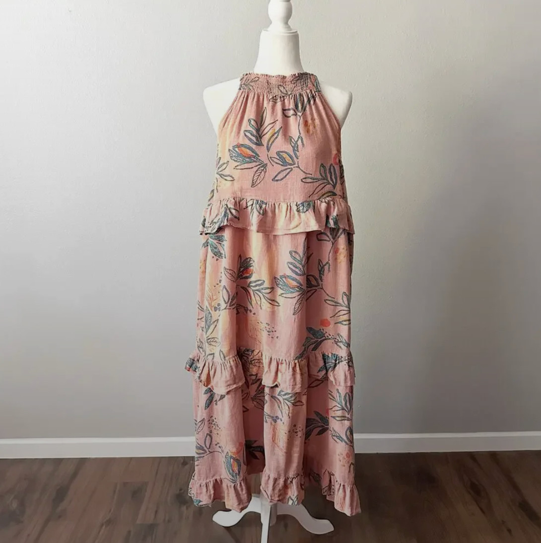 Free People womens Anita Printed Maxi Dress Tiered Ruffle Desert Rose pockets
