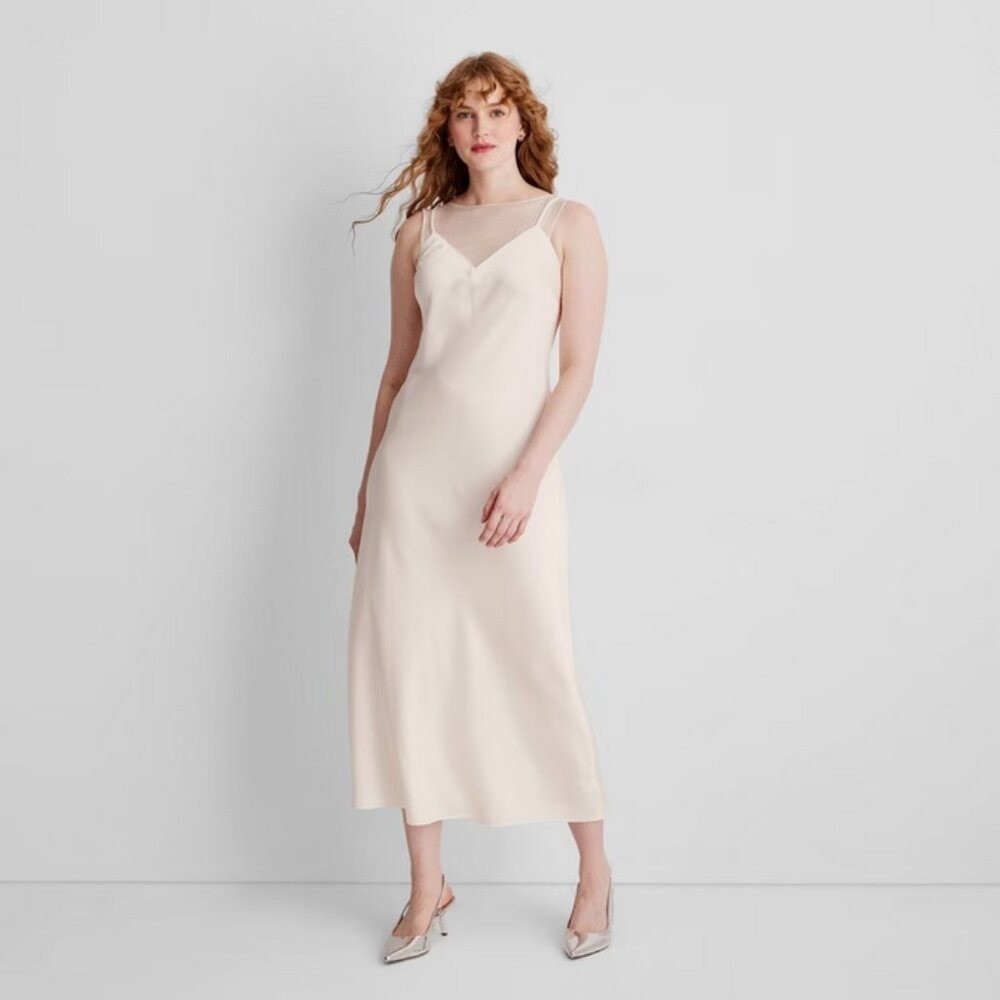 Women’s Sleeveless Mixed Media Ankle Slip Dress – Future Collective Cream L