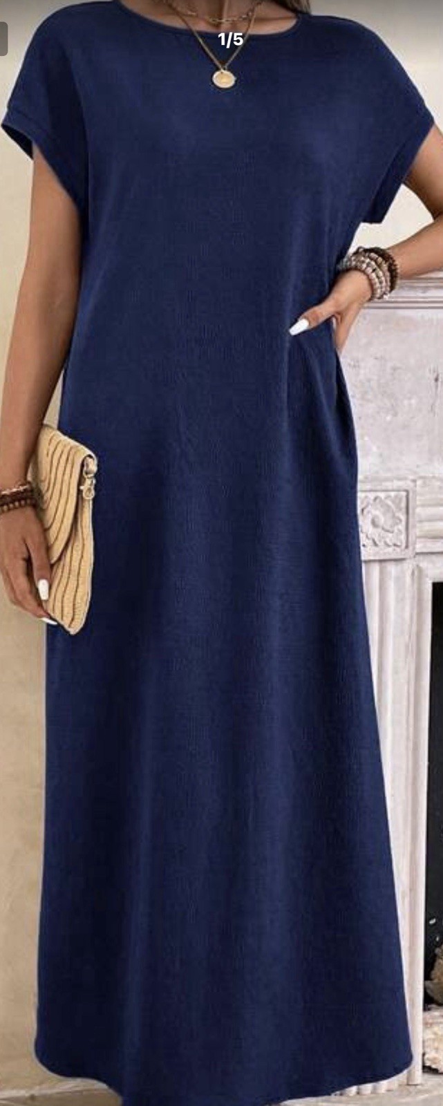 Emery Rose Women’s Blue Solid Maxi Dress XL Round Neck Short Sleeve Shein 51”