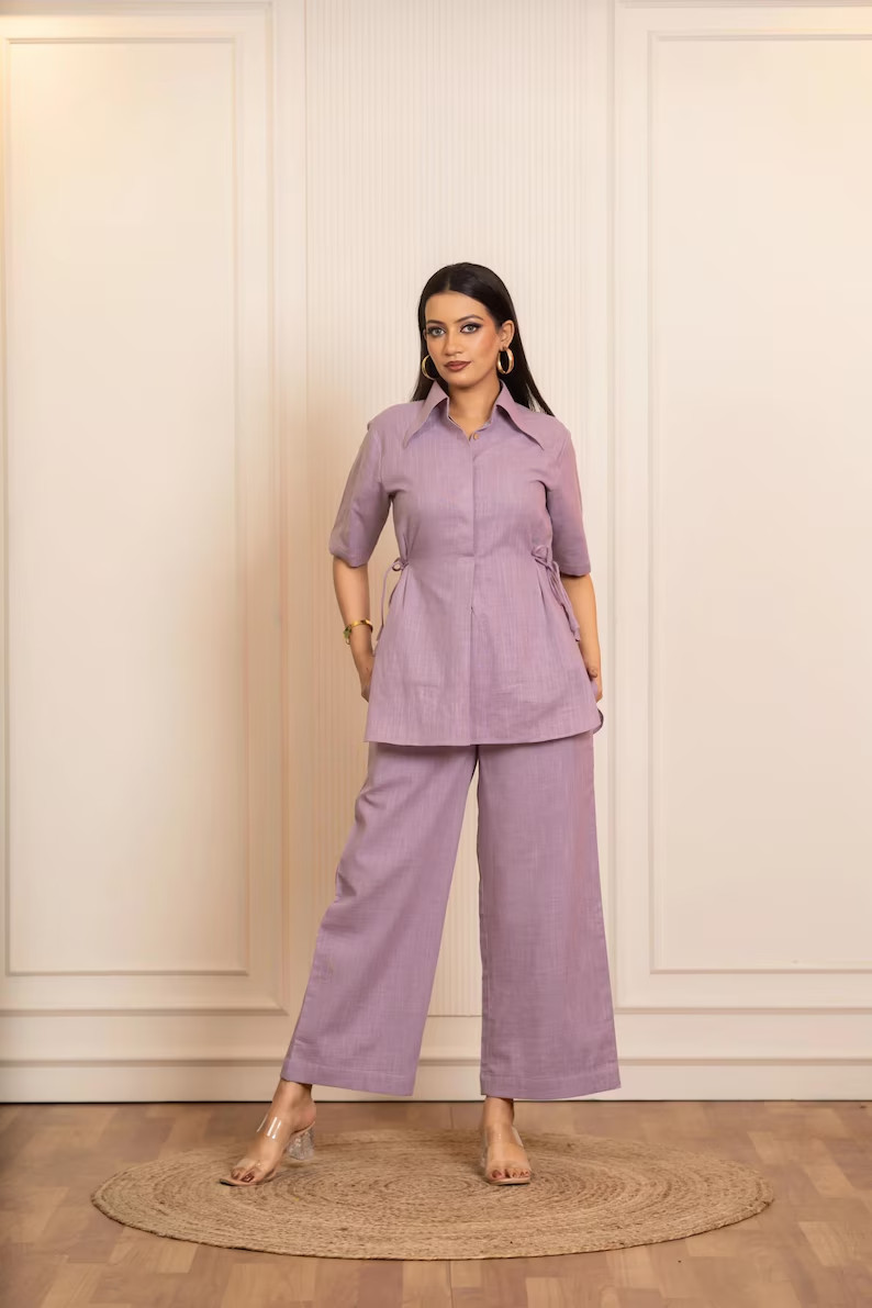 Lilac Cotton Slub Co-ord Sets Top & Palazzo Set Summer Two-Piece Outfitn Dress