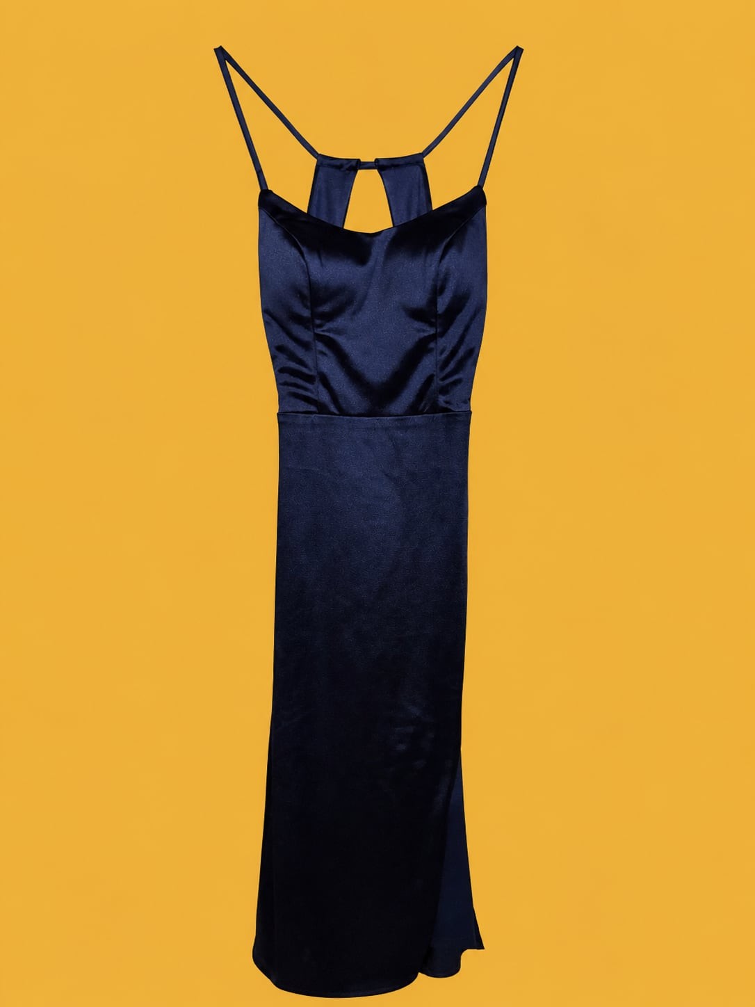 City Vibe Navy Satin Midi Dress with Cutout Detail