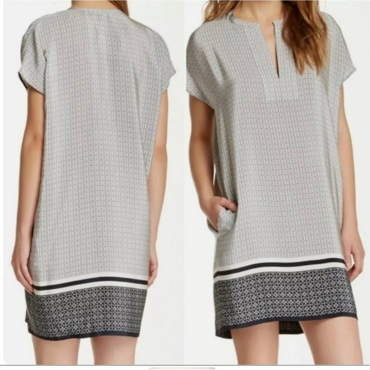 NEW Vince Silk Pockets Geo Trapunto Cap Sleeve Shift Tunic Dress Size Medium