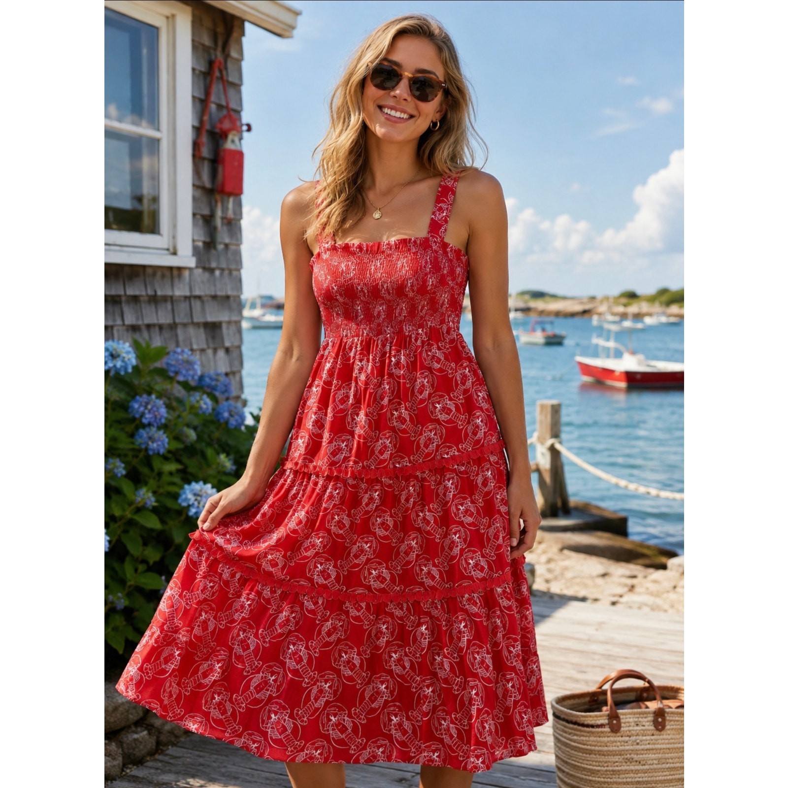 Mira Red & White Lobster Smocked Ruffle Strap Tiered Maxi Dress Size Small