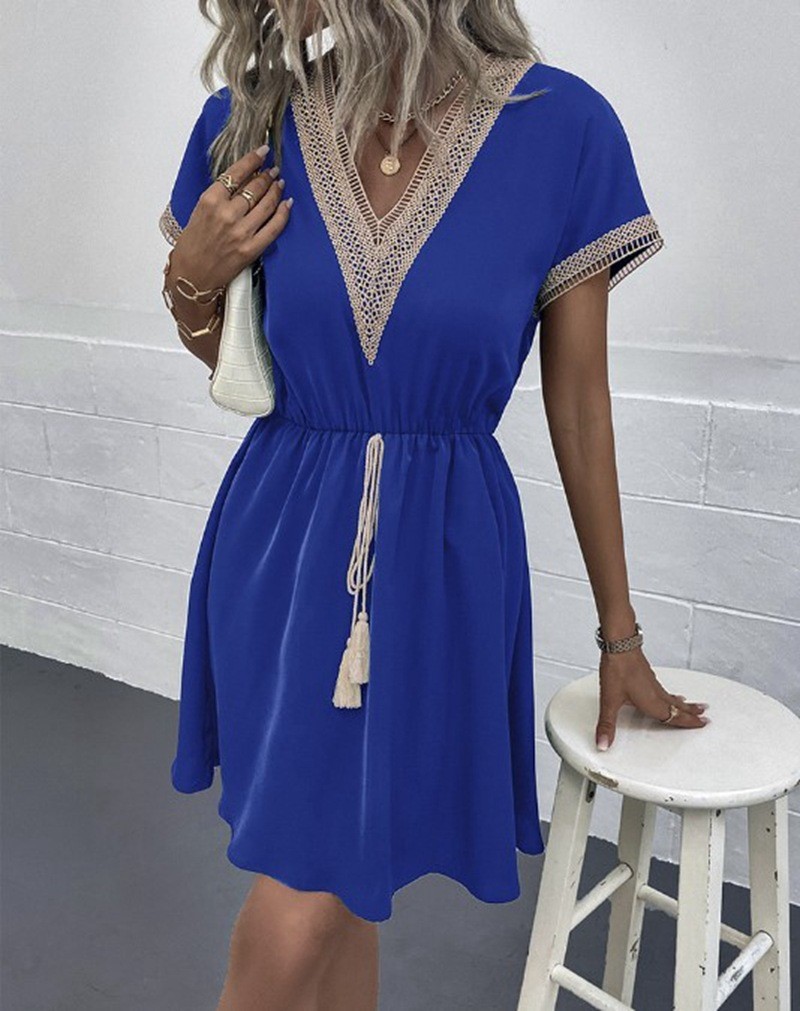 V NECK Summer DRESS WOMEN Short Sleeve Casual Solid Color Ruffle Midi Dresses